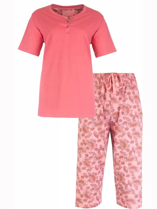 Medaillon Dames Shortama Pyjama Set – Paisley print - 100% Gekamde Katoen - Roze