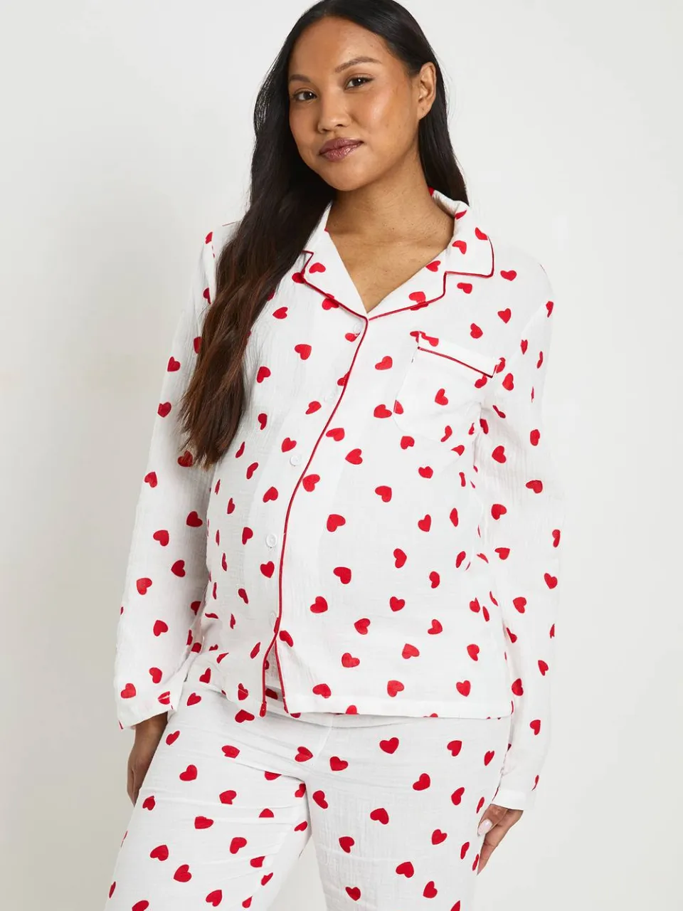 boohoo Dames Lange Pyjama Set Met Hartjesprint In Mousseline Met Shirt Met Lange Mouwen En Broek wit, foto 4