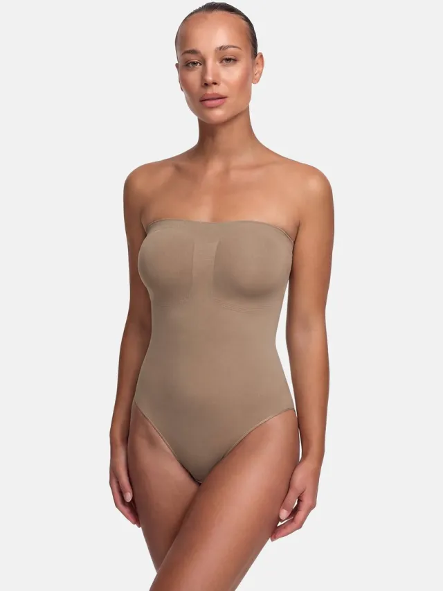 cfab Strapless corrigerende bodysuit met strikjes - Donkerbeige - M - Corrigerende Body - Naadlos - corrigerend ondergoed dames