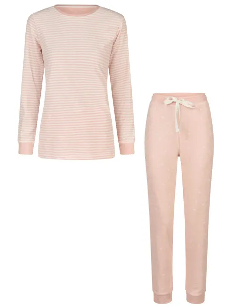 By Louise Dames winter pyjama set lang badstof gestreept Roze