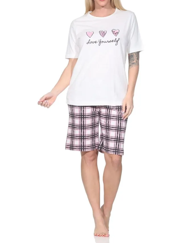 Normann damespyjama shorty met geruite jersey pyjamabroek - ook in grote maten weiß