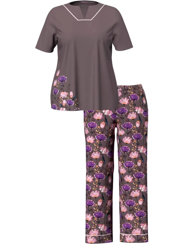 Ulla Popken Dames - Pyjama bloemen tuniekhals korte mouwen - Aarde - Maat 46+
