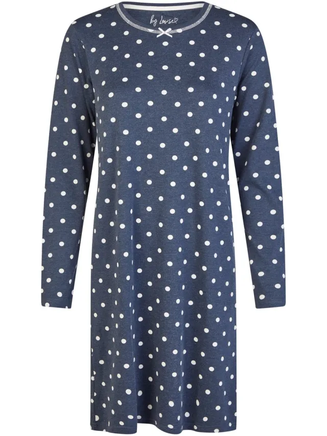 By Louise Dames Nachthemd Interlock Lange Mouw Donkerblauw Polkadot