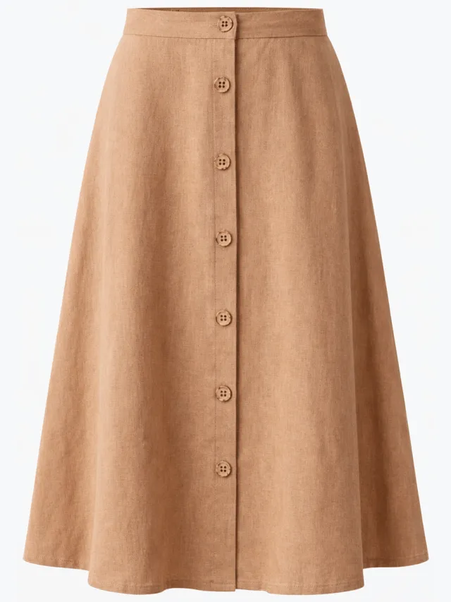 De IONESCU dames vegan Midi Rok Linen Cappuccino Lichtbruin