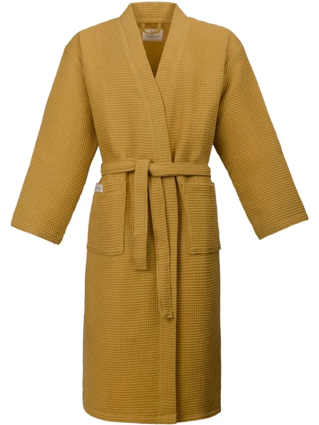 PandaHome L&G - Unisex Sauna Wafel Badjas - 100% Katoen Wafel Badjas - S - Geel - Katoen wafel - Kimono - Wafel Badjas dames - Wafel Badjas heren - Badjas dames en heren