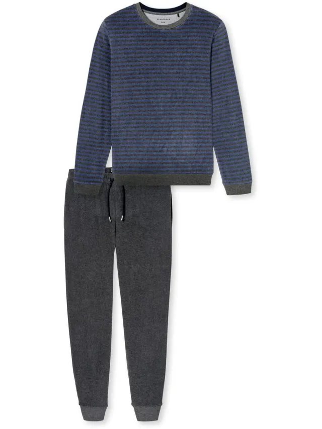 Schiesser badstof heren pyjama met boordjes - Faded Denim - Casual Nightwear - 58