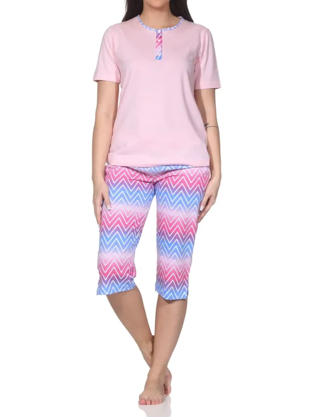 Normann dames capri-pyjama met korte mouwen – modern zigzagdesign – ook in grote maten rosa