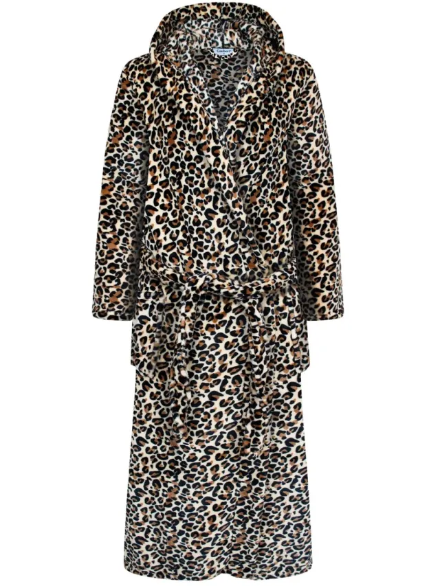 GAUBERT Gaubert Unisex Lange Fleece Badjas Met Capuchon – Beige Panterprint