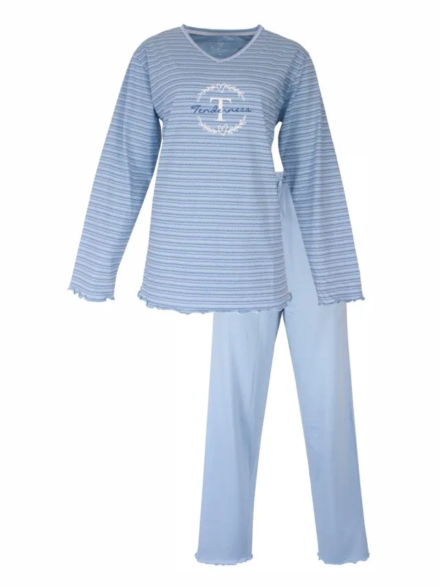 Tenderness Dames Pyjama - V-hals - Lange Mouwen - Licht Blauw