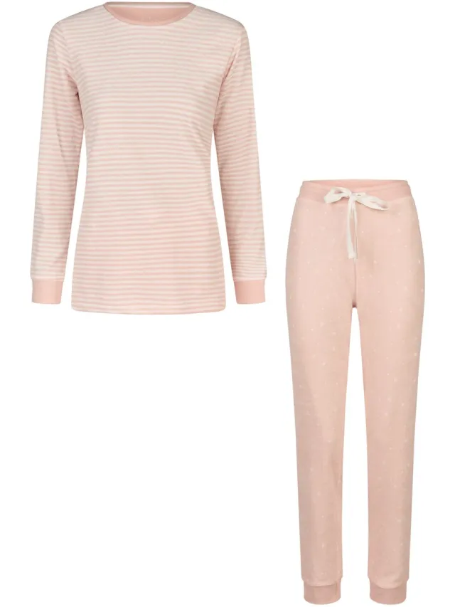 By Louise Dames Winter Pyjama Set Lang Badstof Roze Gestreept