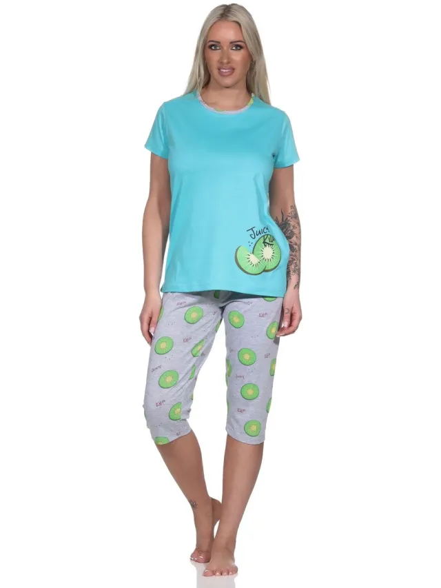 Normann damespyjama met korte mouwen en capri pyjamabroek in coole Allover Print türkis