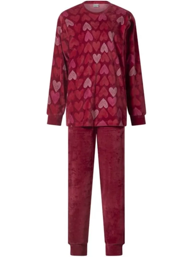 Lunatex warme dames pyjama Hearts 124235 - velours - rood