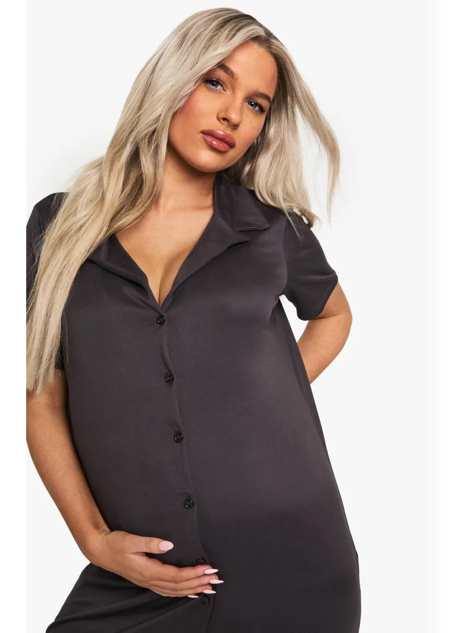 boohoo Dames Maternity Button Through Collar Nightie asgrijs, foto 3