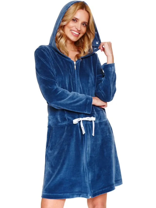 Doctor Nap Velours Badjas Dames Met Capuchon Rits en Zakken SWO.1008 Deep Blue 42 / Blauw