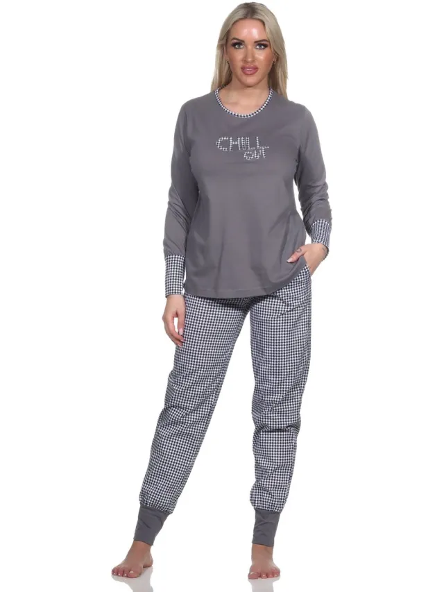 Normann Dames Pyjama Lange Mouwen met Manchet, Pepita Look Broek, Front Print Top grau