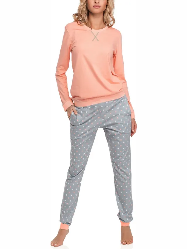 Merry Style MS-MS10-168-PJ Dames Pyjama - ronde hals - lange mouwen - lange broek met zakken - Katoen - Zalm/Grijs