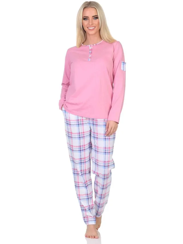 Normann damespyjama met geruite jersey pyjamabroek - ook in grote maten rosa