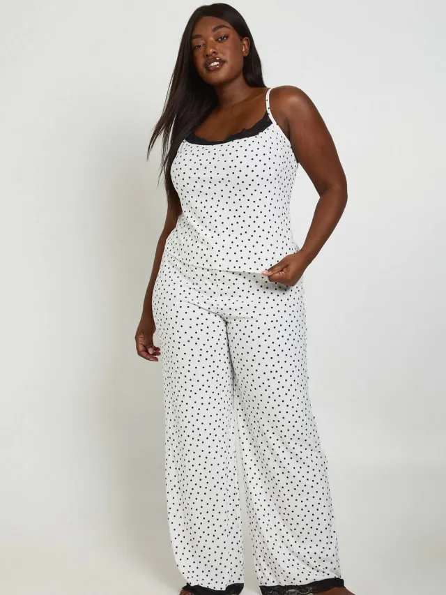 boohoo Dames Plus Polkadot Cami En Broek Pyjama Set Zwart Wit