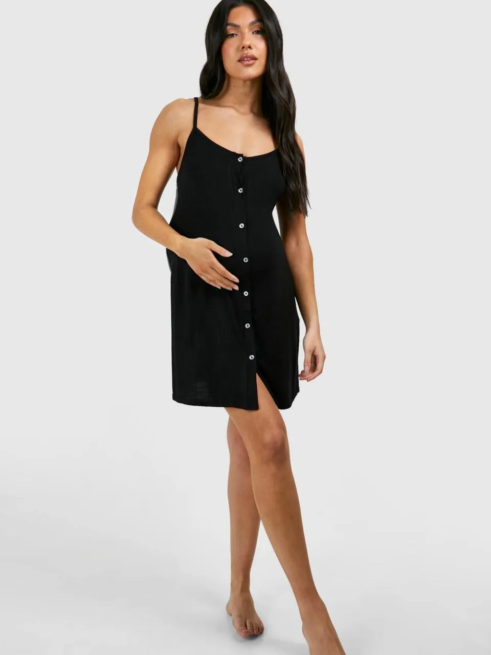 boohoo Dames Zwangerschapsnachtjapon met knopsluiting en bandjes zwart, foto 2