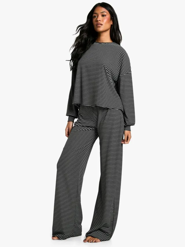 boohoo Dames Lange loungewear gestreepte top met lange mouwen & broek pyjamaset Zwart