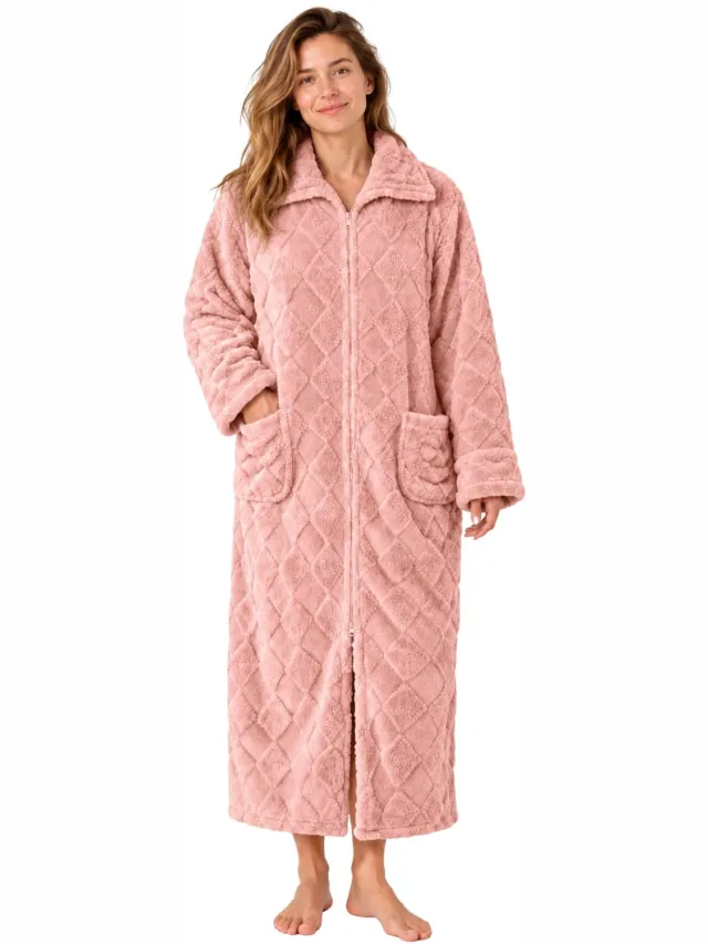 Badrock Badjas met Rits Dames - Extra Lang Fleece Ruitreliëf - Roze Lichtroze