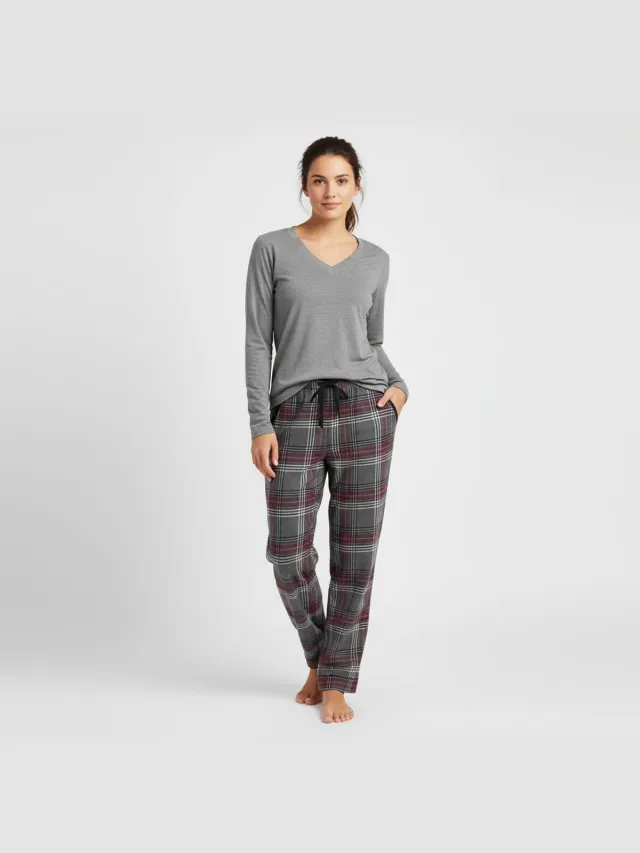 La V La-V pyjamasets voor dames met geruite flanel broek Grijs/ bordeaux rood XXl