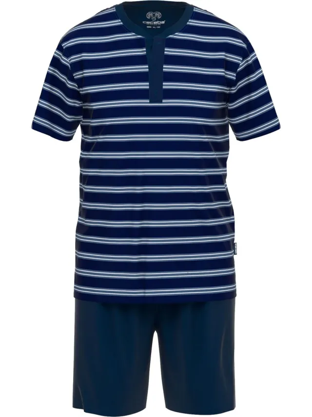 Ceceba heren shortama O-hals met knoopjes - donkerblauw gestreept