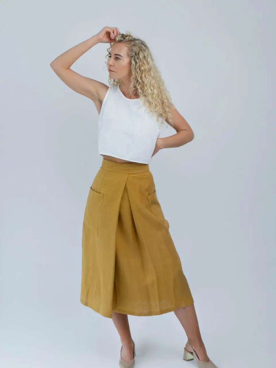 Amber Linen dames vegan Wikkelrok Japan Mosterdgeel Donkergeel