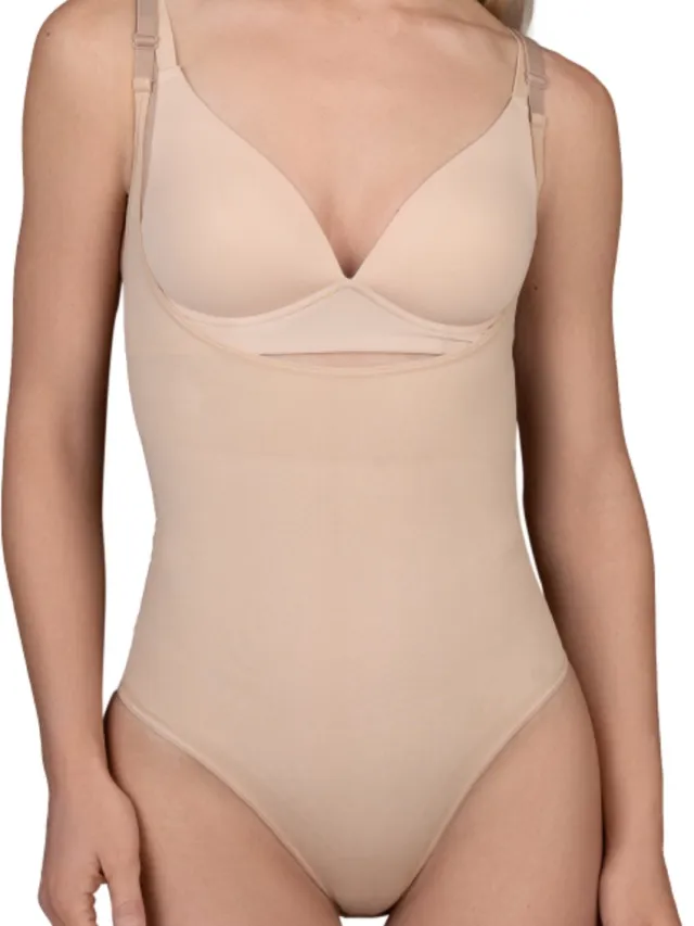 Bye Bra Soft Touch open bust shapewear bodysuit voor dames, corrigerende body shaper met buikcontrole, verstelbare bandjes, naadloze, gladmakende pasvorm, S–XXL (beige, L)
