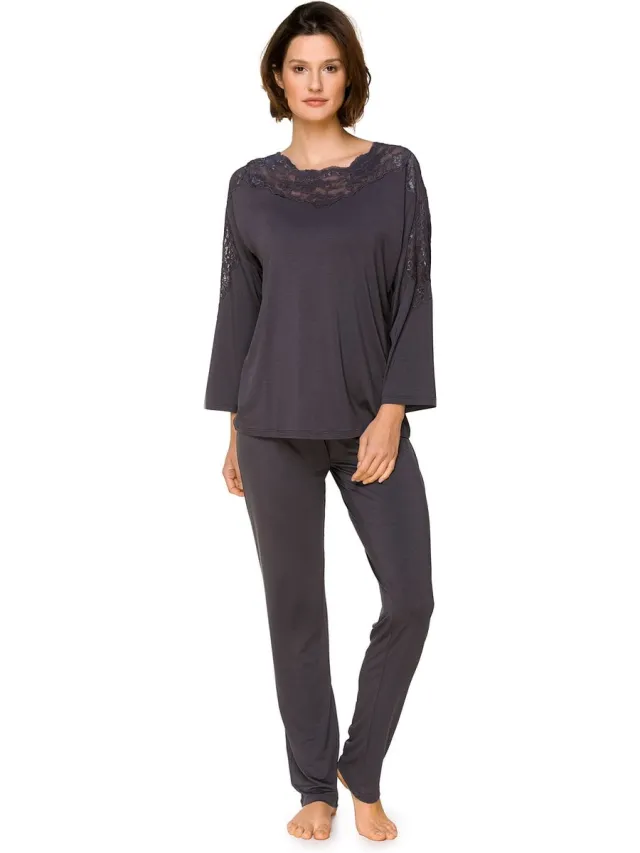 Coemi Dames Pyjama Jolie-Lange Mouwen & Rechte Broek-Kantdetails-Grijs