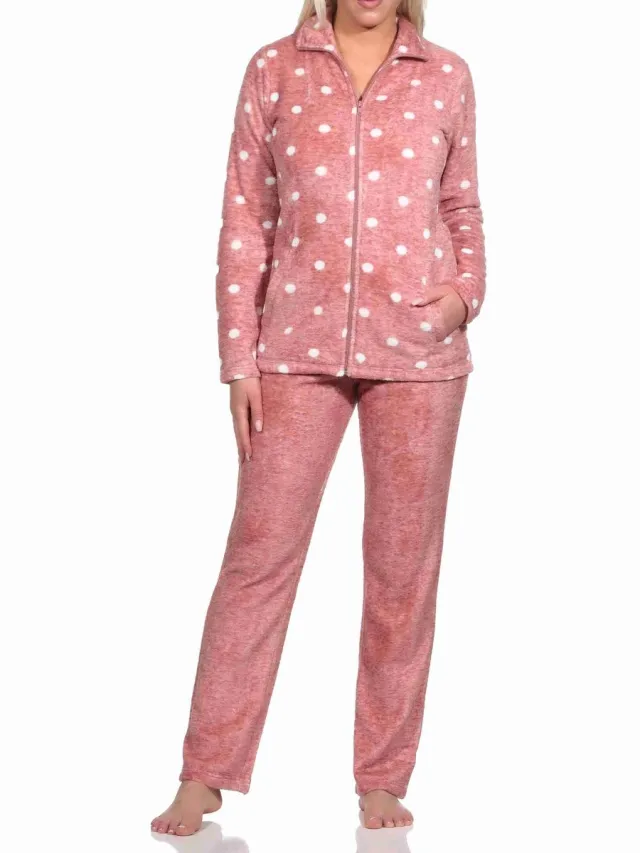 Normann Behaaglijk en warm dames huispak van koraal fleece in een geweldige polka dot look