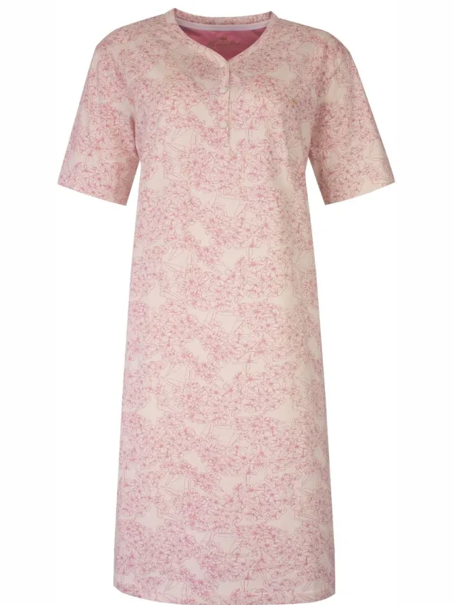 Medaillon Dames Nachthemd - Bloemenprint - Knoopjes - Roze