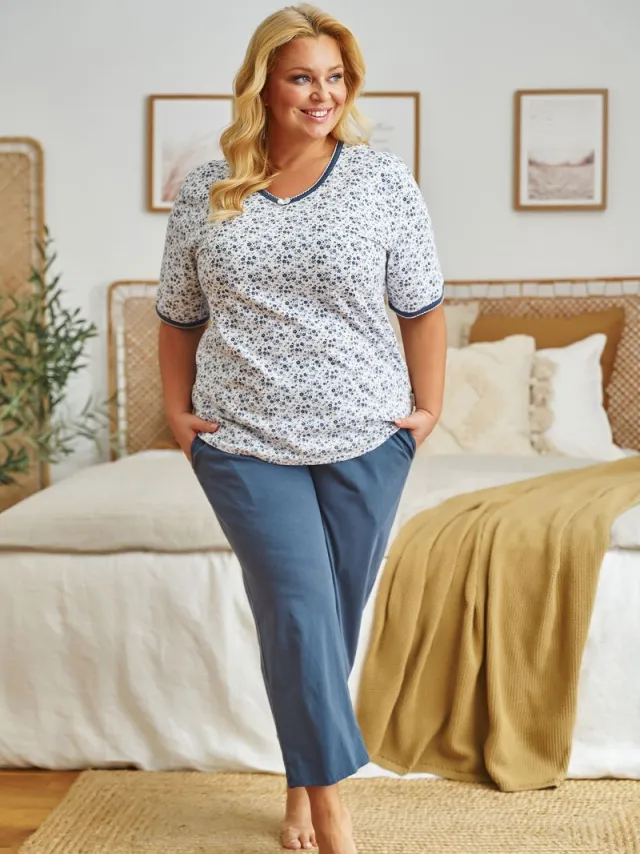 Doctor Nap Katoenen Pyjama Dames Volwassenen Korte Mouw Lange Broek Plus Size Navy Bloom PM.5290 44 / Blauw