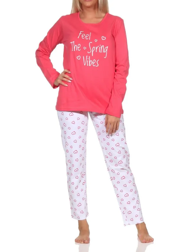 Normann dames pyjama lange mouw, pyjamabroek in hartjeslook pink