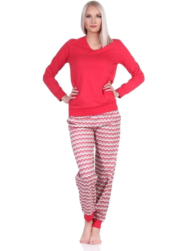 Normann Damespyjama's, lange pyjama's met V-hals & manchetten in etnische look rot