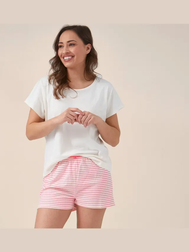 Little Label dames pyjama kort - felroze bretonse strepen-38 - extra zachte bio-katoen
