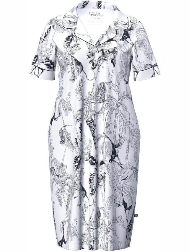 Ulla Popken Dames - Nachthemd biesjes reverskraag korte mouw modalmix - Off-white - Maat 46+