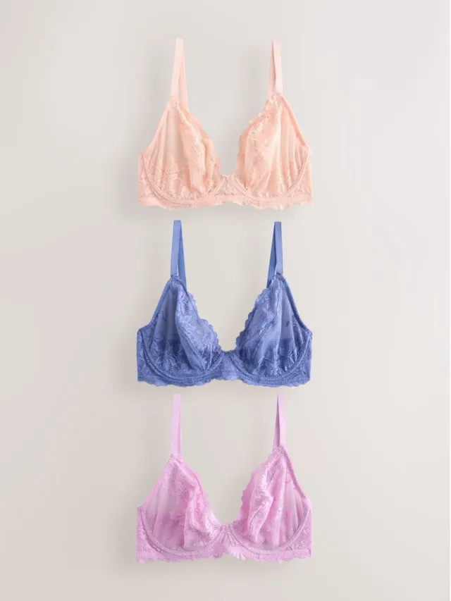 Next Dames - Set van 3 DD+ kanten beha's met lage decolleté zonder vulling - Blauw Mauve/Peach/Blue