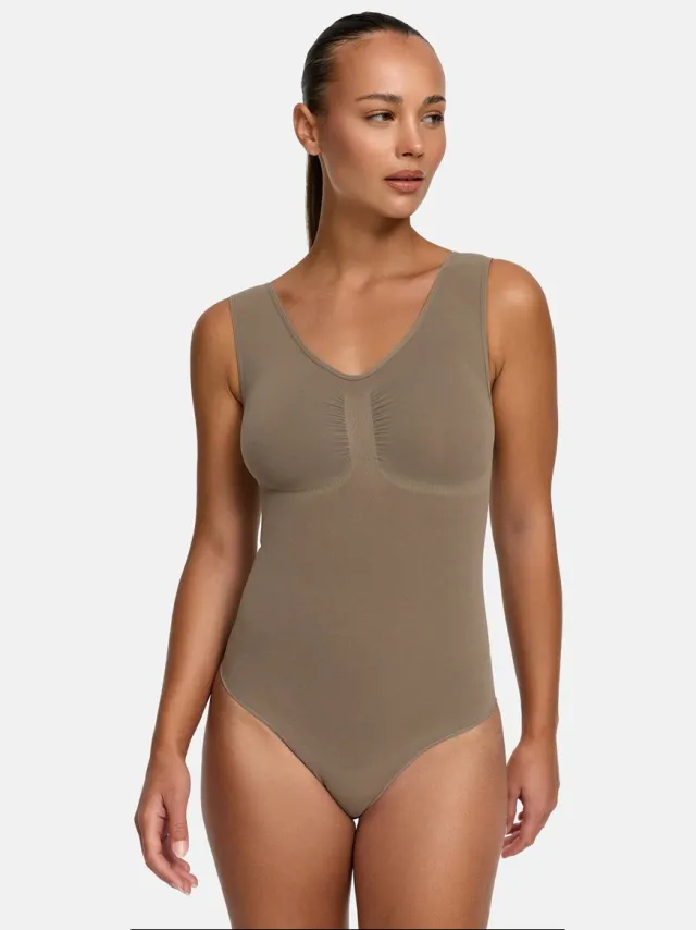cfab Tanktop bodysuit met corrigerende shapewear en slipje - Taupe - L - Corrigerende Body - Naadlos - corrigerend ondergoed dames