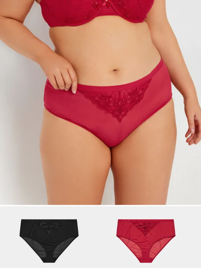 Yours Set Van Twee Paar Slips Met Kanten Inzet In Rood/Zwart-56 Red