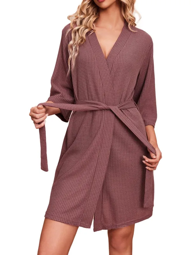 Ibenzoa Elegante en Comfortabele Wafelgebreide Badjas voor Dames, Ideaal voor Relaxen en Ontspannen Momenten roze