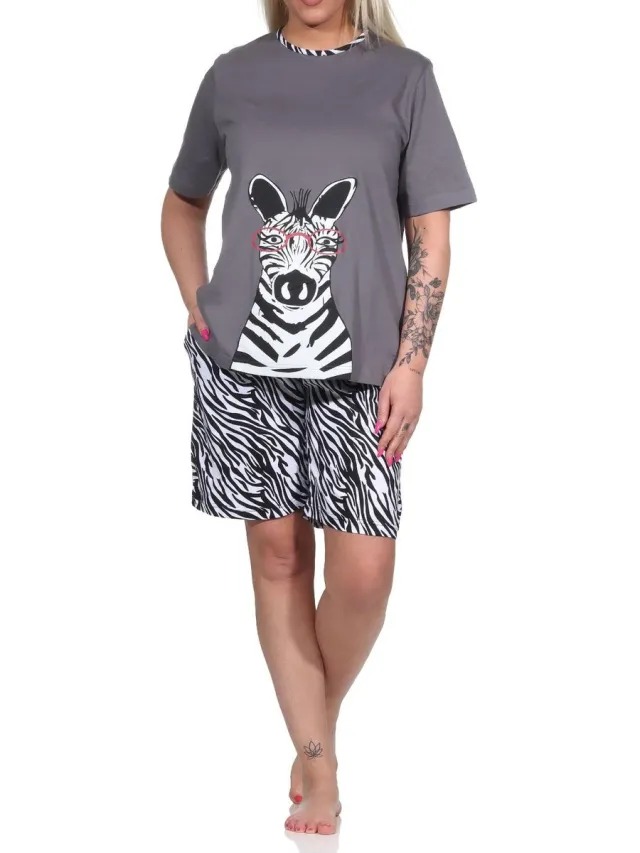 Normann Leuke dames shorty pyjama met korte mouwen en zebra motief, broek met dierenprint look grau
