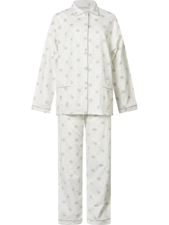 Lunatex klassieke dames pyjama 641777 met doorknoop - flanel - wit
