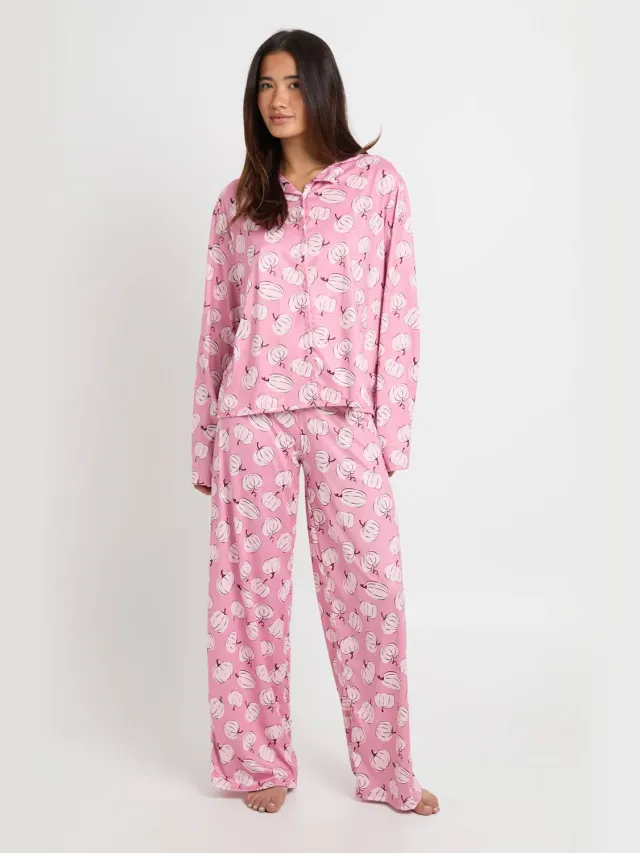 boohoo Dames Pyjama Set Met Pompoenprint, Shirt Met Lange Mouwen & Broek Roze