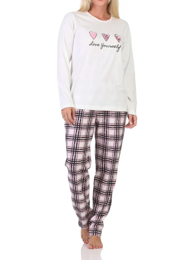 Normann damespyjama met geruite jersey pyjamabroek - ook in grote maten weiß
