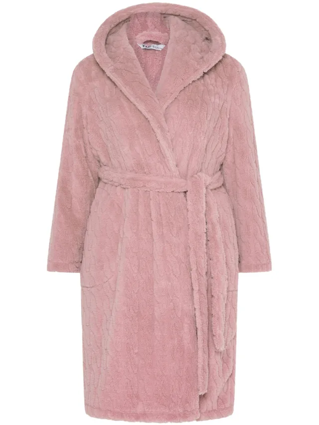 Yours Roze Badjas Met Kabelstructuur En Capuchon-42 Pink