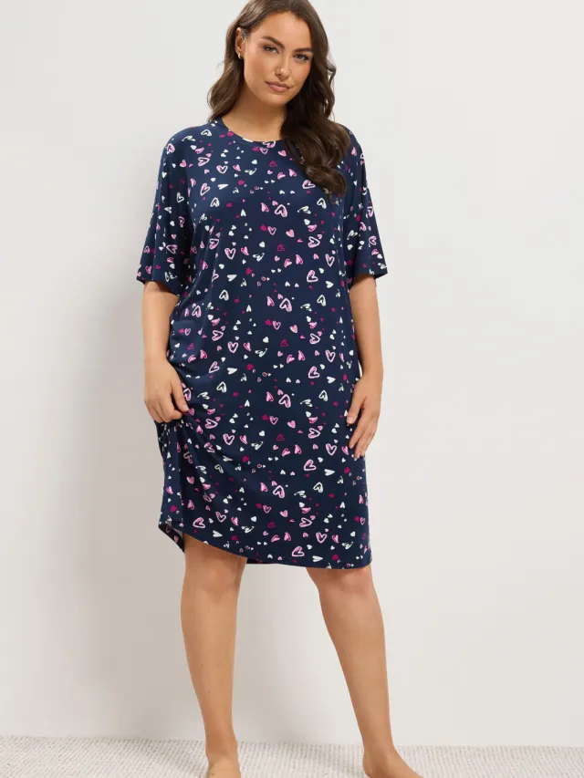 Yours Curve Marineblauw Zacht Nachthemd Met Hartjes-42 Blue