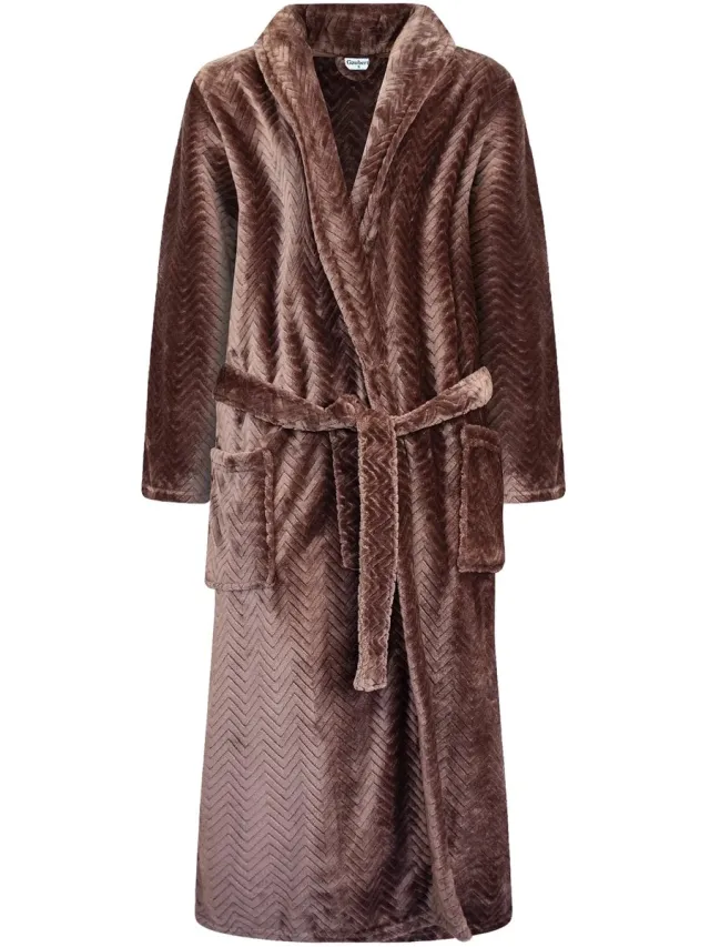 GAUBERT Gaubert Unisex Lange Fleece Badjas Met Sjaalkraag – Koffiebruin Visgraat