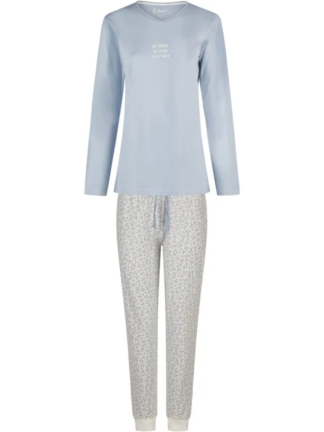 By Louise Dames Pyjama Set Lang V-Hals Blauw Gebloemd