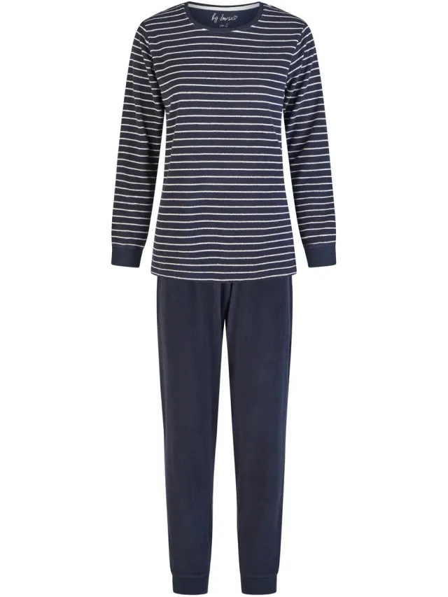 By Louise Dames Winter Pyjama Set Lang Badstof Donkerblauw Gestreept